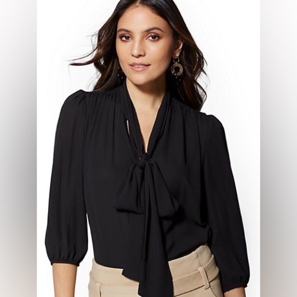 New York & Company Dark Blue Long Sleeve Tie neck Blouse Size: Small - Picture 4 of 4